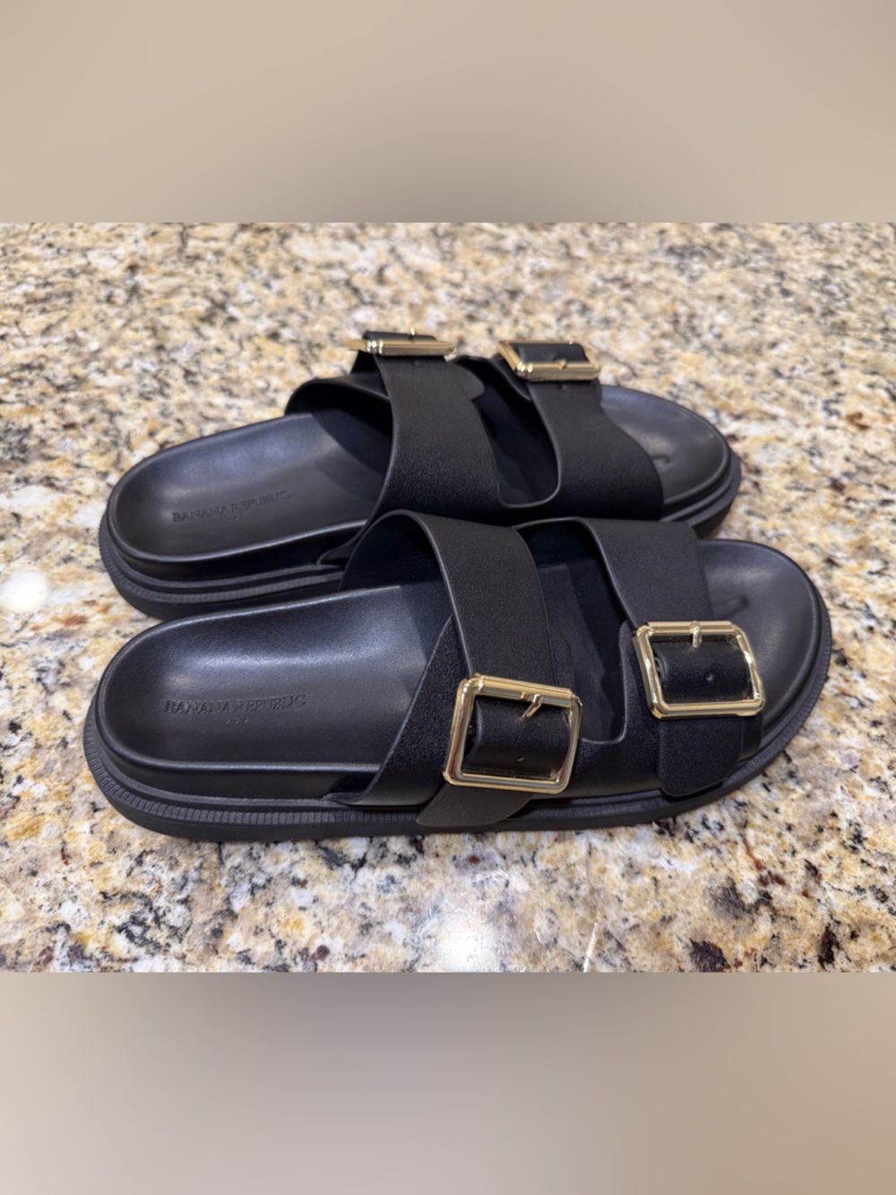 Banana Republic Black Slide Sandals with Gold Buckles Size 8